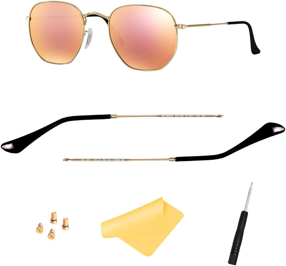 Replacement Temple Tips Temple Arms for Ray-Ban Aviator RB3025 RB3548 Sunglasses Repair Kit，Bonus Screws/Screwdriver/glasses cloth,Gold