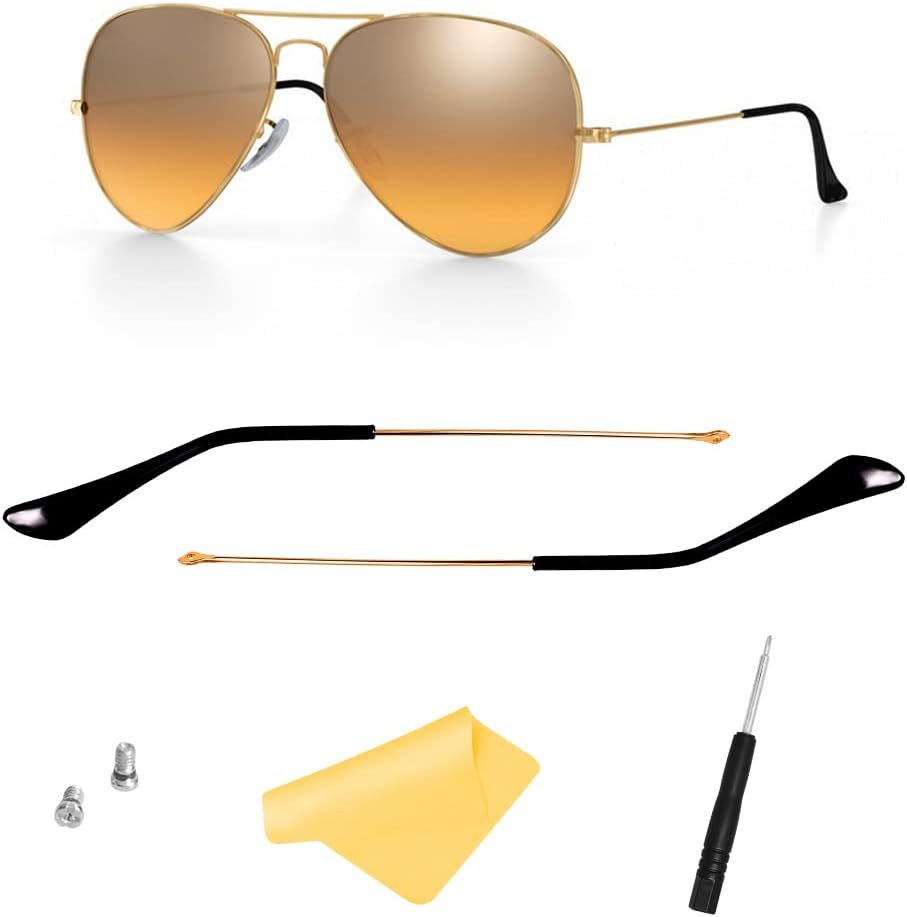 Replacement Temple Tips Temple Arms for Ray-Ban Aviator RB3025 RB3548 Sunglasses Repair Kit，Bonus Screws/Screwdriver/glasses cloth,Light Gold